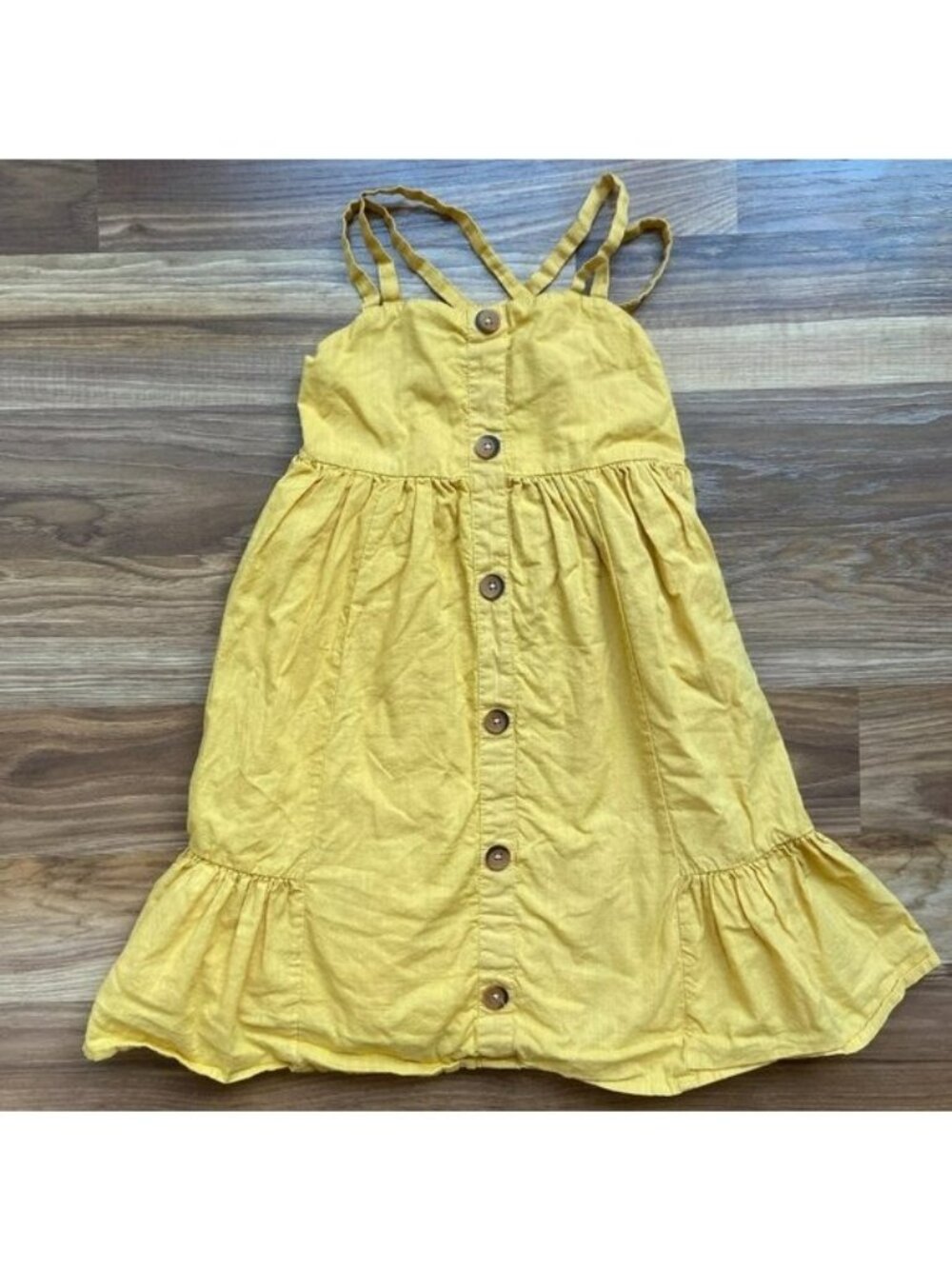 Tahari Girl's 6 Yellow Button Front Cotton Sundress Ruffle Hem
